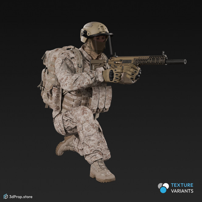 3D model of a sitting soldier, aiming straight ahead with his weapon.