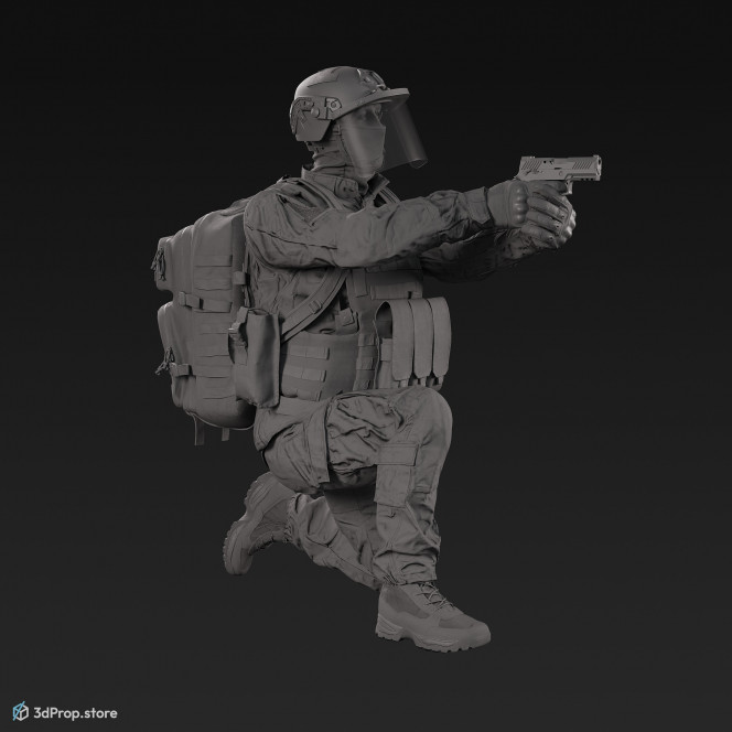 3D model of a kneeling soldier, aiming straight ahead with his weapon.