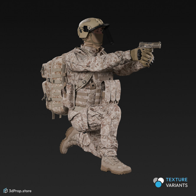 3D model of a kneeling soldier, aiming straight ahead with his weapon.