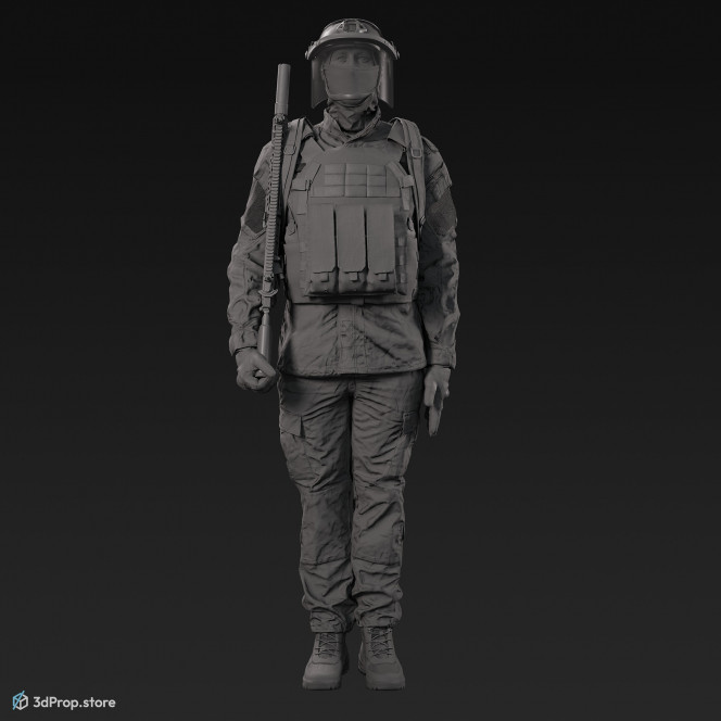 3D model of a soldier in military uniform with four camouflage pattern variations, while standing at attention, holding his weapon close to him, from 2020, USA.