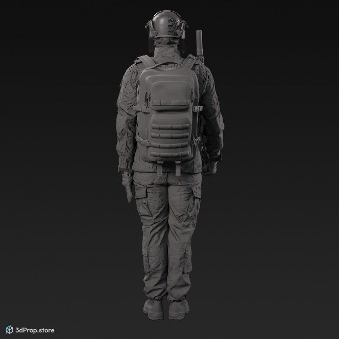 3D model of a soldier in military uniform with four camouflage pattern variations, while standing at attention, holding his weapon close to him, from 2020, USA.