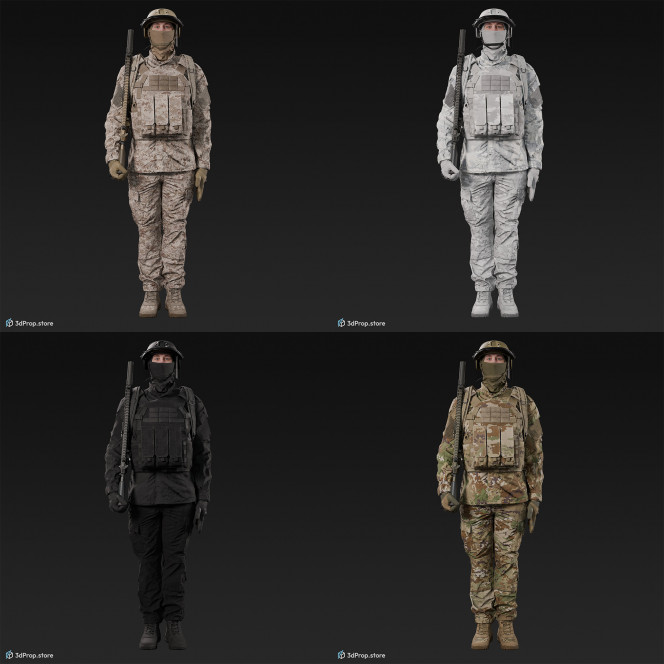 3D model of a soldier in military uniform with four camouflage pattern variations, while standing at attention, holding his weapon close to him, from 2020, USA.