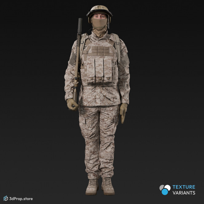 3D model of a soldier in military uniform with four camouflage pattern variations, while standing at attention, holding his weapon close to him, from 2020, USA.