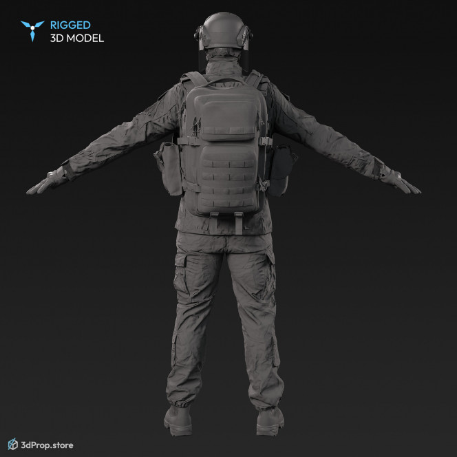 3D scan of a male soldier, in operational camouflage patterned uniform, wearing helmet with visor, balaclava, tactical vest with pouches, gloves and a backpack, standing in an A-pose., from 2020, USA.