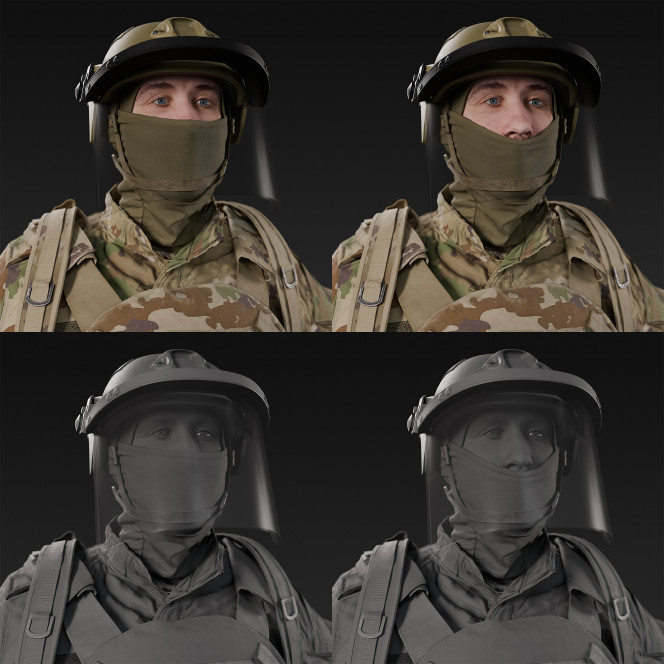 3D scan of a male soldier, in four different camouflage patterned military uniform variations wearing helmet with visor, balaclava, tactical vest with pouches, gloves and a backpack, standing in an A-pose., from 2020, USA.