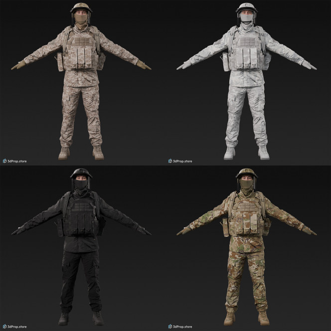 3D scan of a male soldier, in four different camouflage patterned military uniform variations wearing helmet with visor, balaclava, tactical vest with pouches, gloves and a backpack, standing in an A-pose., from 2020, USA.