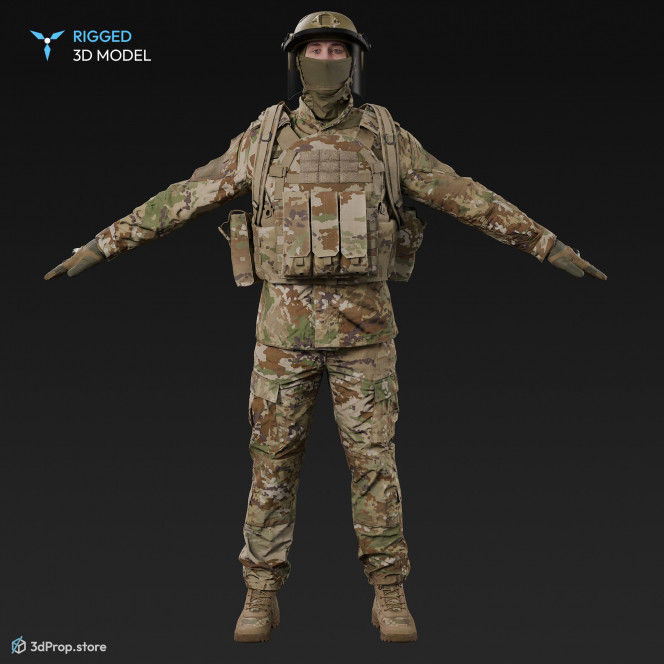 3D scan of a male soldier, in operational camouflage patterned uniform, wearing helmet with visor, balaclava, tactical vest with pouches, gloves and a backpack, standing in an A-pose., from 2020, USA.