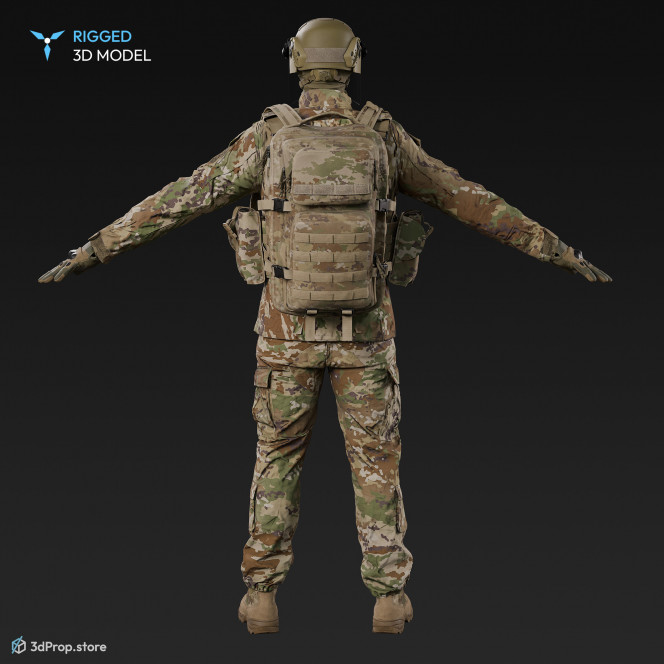 3D scan of a male soldier, in operational camouflage patterned uniform, wearing helmet with visor, balaclava, tactical vest with pouches, gloves and a backpack, standing in an A-pose., from 2020, USA.