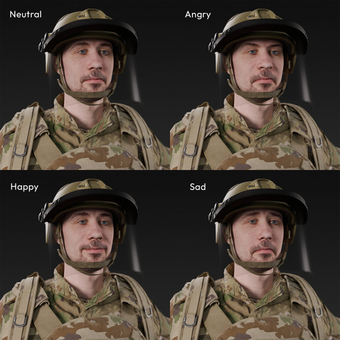 3D scan of a male soldier, in operational camouflage patterned uniform, wearing helmet with visor, balaclava, tactical vest with pouches, gloves and a backpack, standing in an A-pose., from 2020, USA.