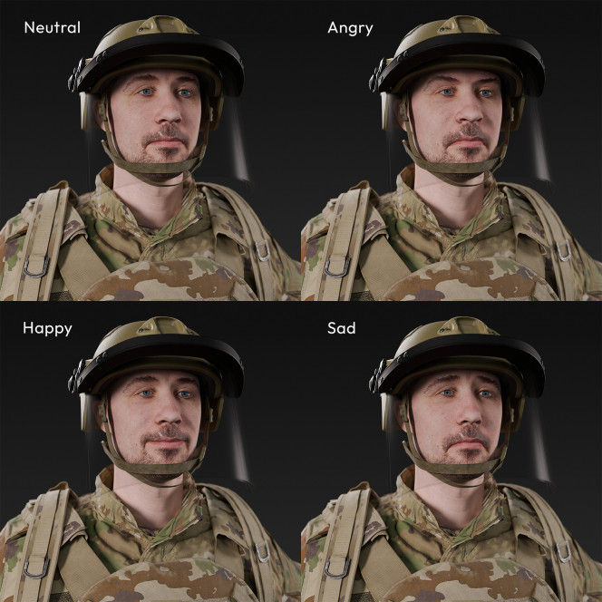 3D scan of a male soldier, in four different camouflage patterned military uniform variations wearing helmet with visor, balaclava, tactical vest with pouches, gloves and a backpack, standing in an A-pose., from 2020, USA.