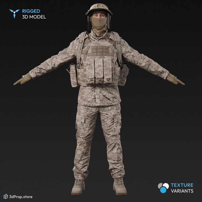 3D scan of a male soldier, in four different camouflage patterned military uniform variations wearing helmet with visor, balaclava, tactical vest with pouches, gloves and a backpack, standing in an A-pose., from 2020, USA.