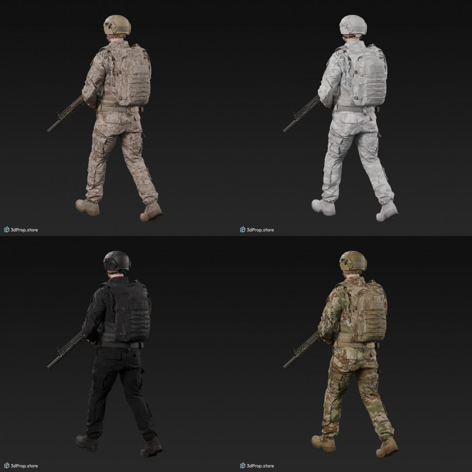 3D model of a soldier character, wearing modern military uniform, in a walking pose, holding a weapon.