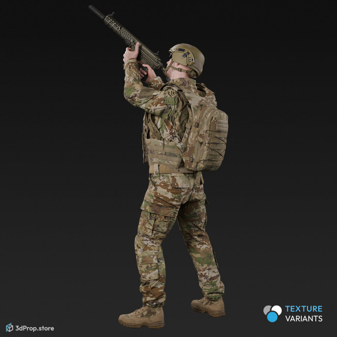 3D model of a soldier character in modern military clothing. Standing and aiming  upwards with his weapon.