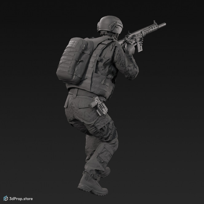 3D model of a soldier character, wearing modern military uniform, walking and aiming straight ahead with his weapon.