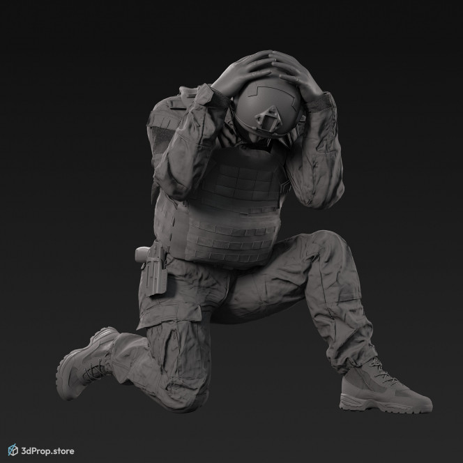 3D model of a crouched US soldier, defending his head with his hands.