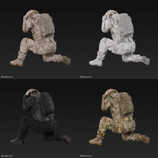 3D model of a crouched US soldier, defending his head with his hands.