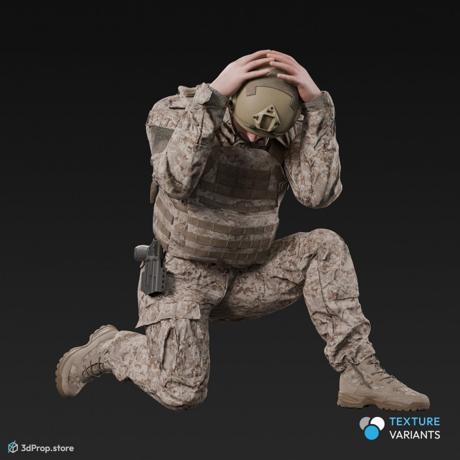 3D model of a crouched US soldier, defending his head with his hands.