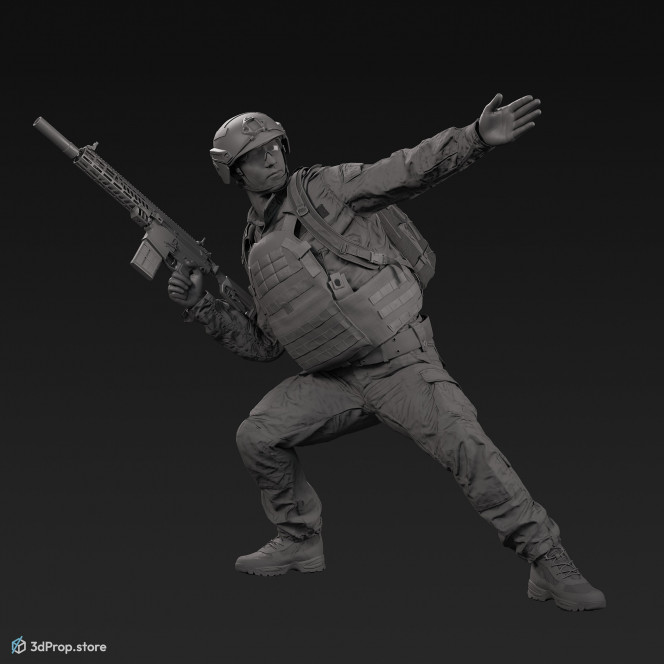 3D model of a crouched US soldier, holding his weapon in one hand and gesturing with the other