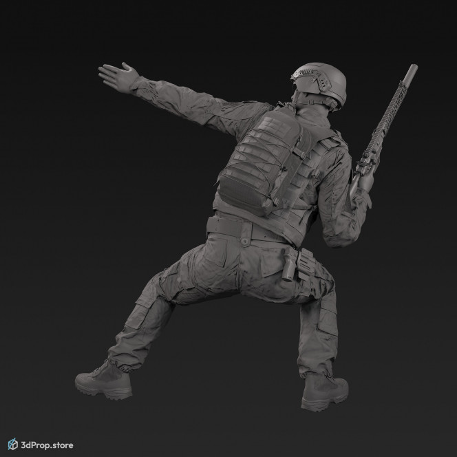 3D model of a crouched US soldier, holding his weapon in one hand and gesturing with the other