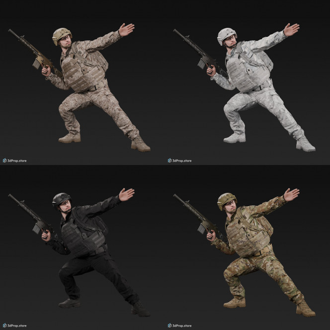 3D model of a crouched US soldier, holding his weapon in one hand and gesturing with the other