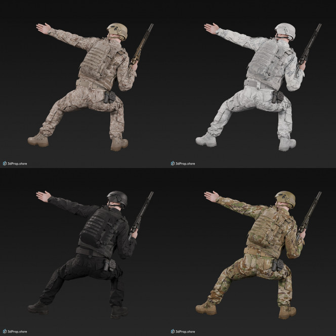 3D model of a crouched US soldier, holding his weapon in one hand and gesturing with the other