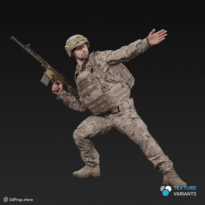 3D model of a crouched US soldier, holding his weapon in one hand and gesturing with the other