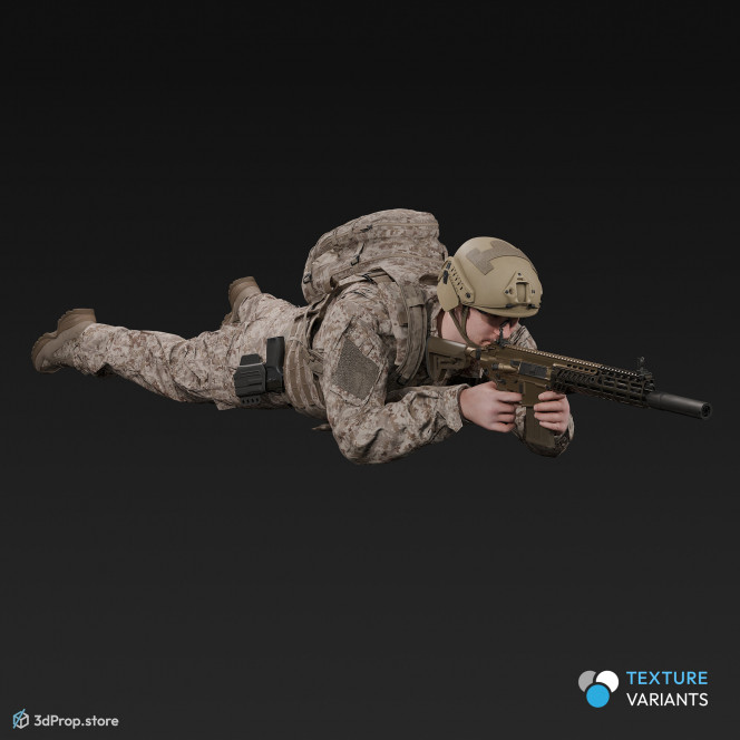 3D model of a soldier laying on the ground, while aiming his weapon into the distance and wearing military uniform with four camouflage pattern variations, from 2020, USA.