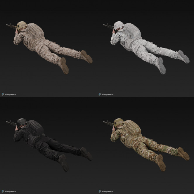 3D model of a soldier laying on the ground, while aiming his weapon into the distance and wearing military uniform with four camouflage pattern variations, from 2020, USA.