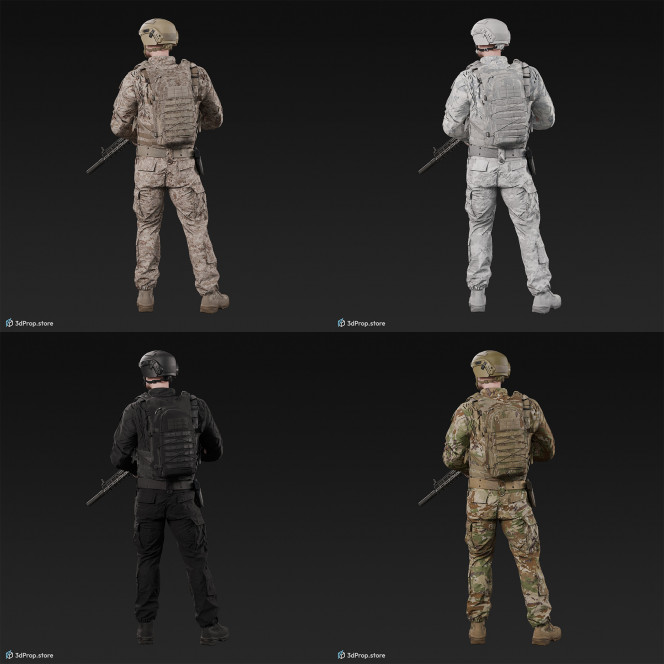 3D model of a standing soldier in military uniform with four camouflage pattern variations. He is looking into the distance and holding a weapon in his hands, from 2020, USA.