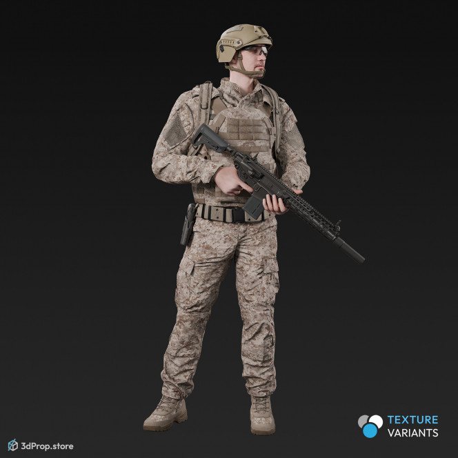3D model of a standing soldier in military uniform with four camouflage pattern variations. He is looking into the distance and holding a weapon in his hands, from 2020, USA.