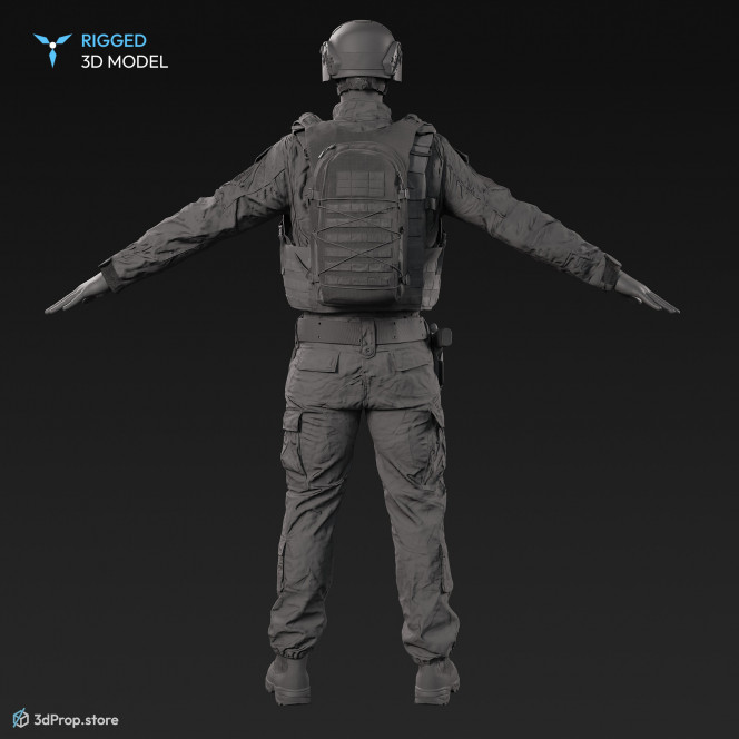 3D scan of a male soldier, in operational camouflage pattern military uniform, wearing helmet, glasses, tactical vest, a handgun and a military backpack, in an A-pose, from 2020, USA.