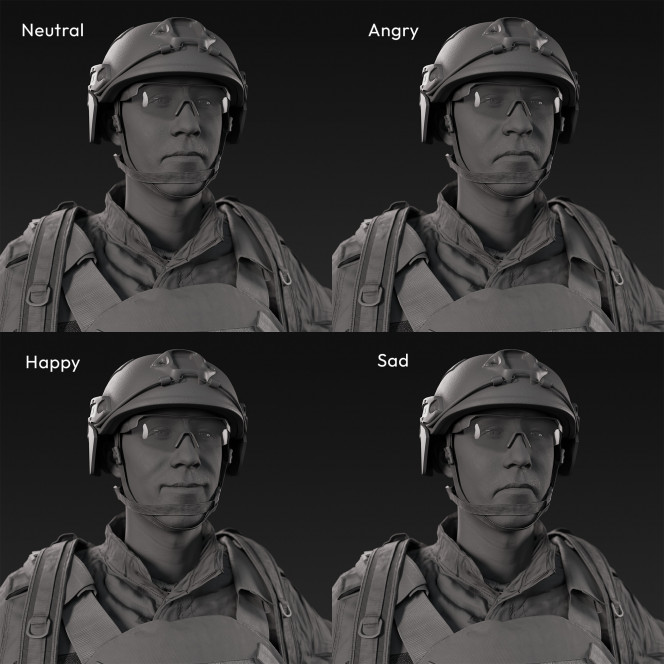 3D scan of a male soldier, in operational camouflage pattern military uniform, wearing helmet, glasses, tactical vest, a handgun and a military backpack, in an A-pose, from 2020, USA.