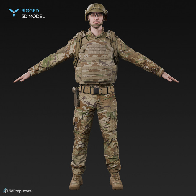 3D scan of a male soldier, in operational camouflage pattern military uniform, wearing helmet, glasses, tactical vest, a handgun and a military backpack, in an A-pose, from 2020, USA.