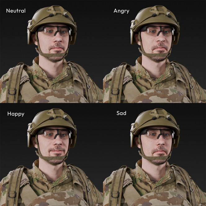 3D scan of a male soldier, in operational camouflage pattern military uniform, wearing helmet, glasses, tactical vest, a handgun and a military backpack, in an A-pose, from 2020, USA.