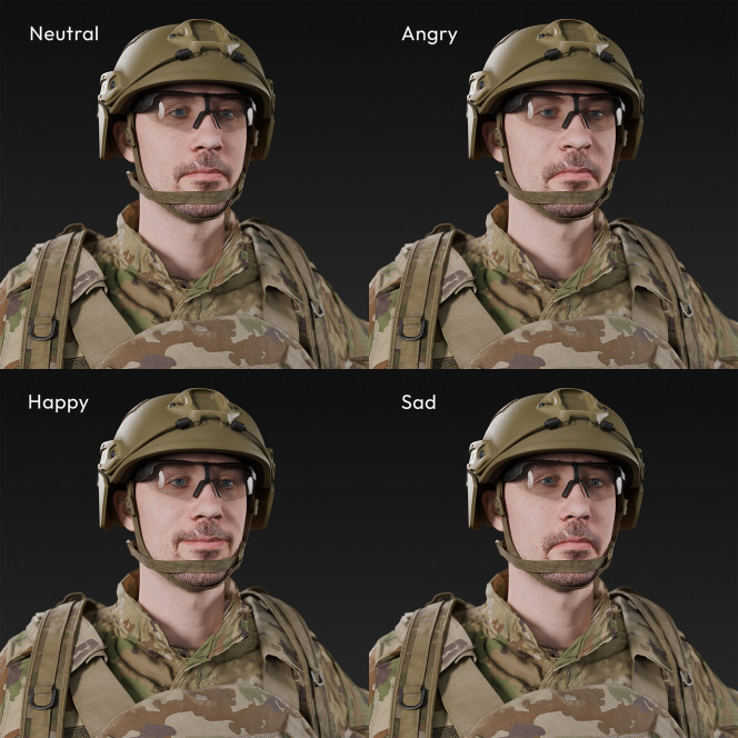 3D scan of a male soldier, in four different camouflage patterned uniform military uniform, wearing helmet, glasses, tactical vest, a handgun and a military backpack, in an A-pose, from 2020, USA.