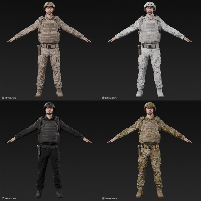 3D scan of a male soldier, in four different camouflage patterned uniform military uniform, wearing helmet, glasses, tactical vest, a handgun and a military backpack, in an A-pose, from 2020, USA.