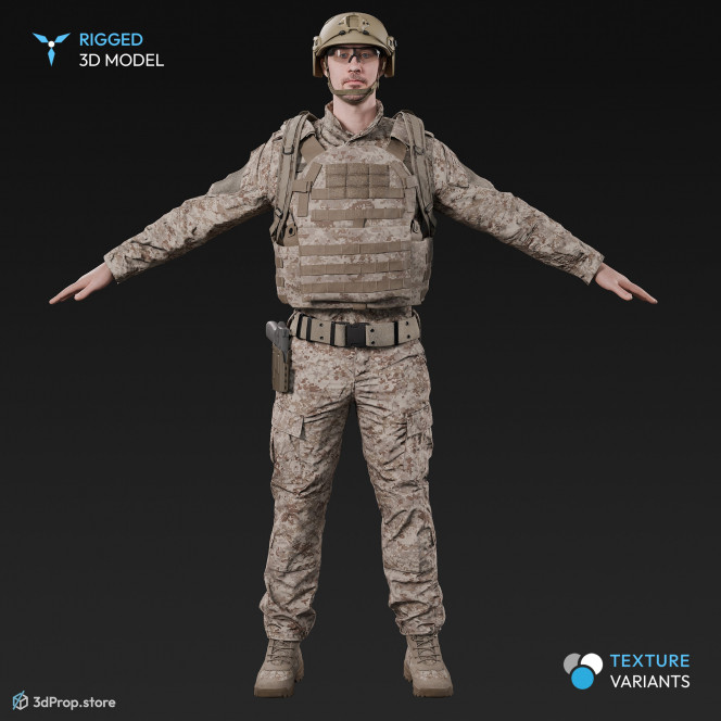 3D scan of a male soldier, in four different camouflage patterned uniform military uniform, wearing helmet, glasses, tactical vest, a handgun and a military backpack, in an A-pose, from 2020, USA.