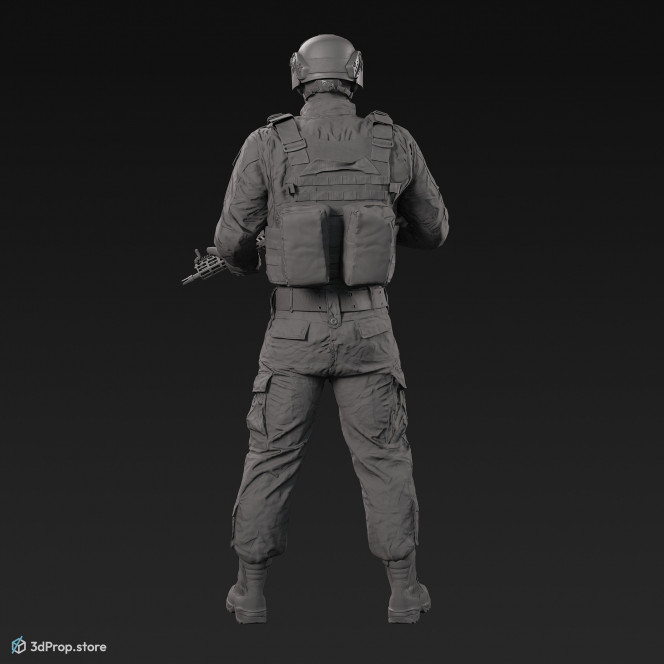 3D model of a standing soldier in military uniform with four camouflage pattern variations while holding a weapon, from 2020, USA.