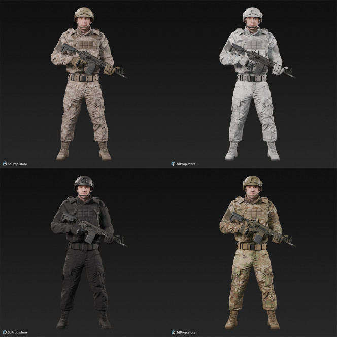 3D model of a standing soldier in military uniform with four camouflage pattern variations while holding a weapon, from 2020, USA.