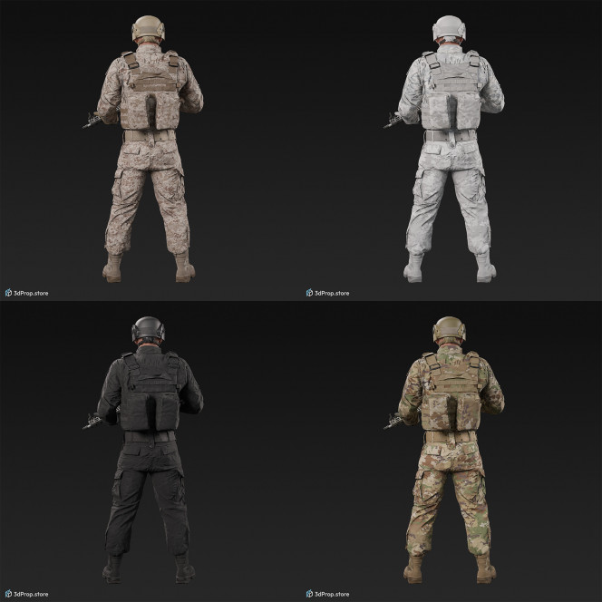 3D model of a standing soldier in military uniform with four camouflage pattern variations while holding a weapon, from 2020, USA.