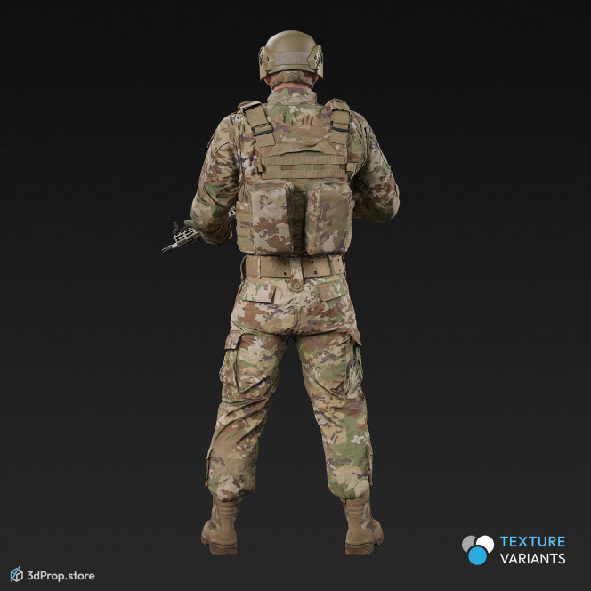 3D model of a standing soldier in military uniform with four camouflage pattern variations while holding a weapon, from 2020, USA.