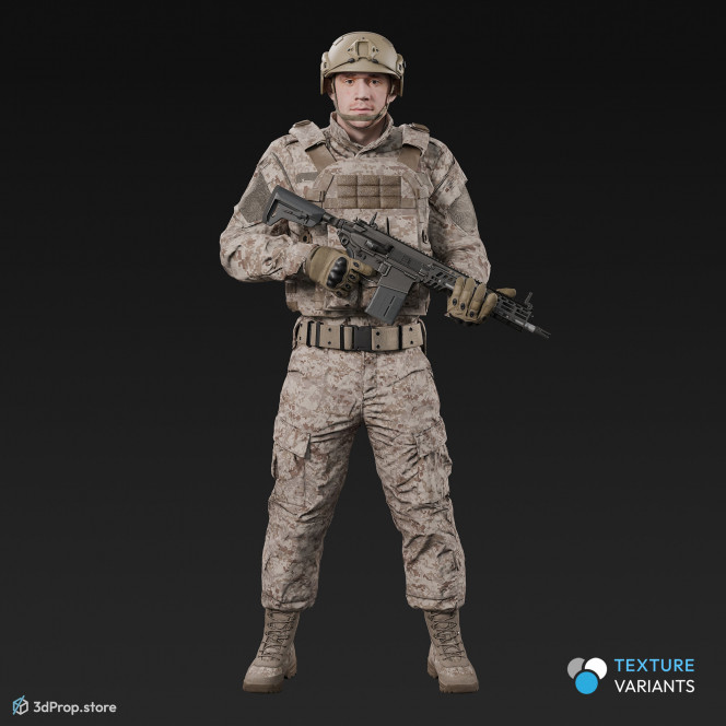 3D model of a standing soldier in military uniform with four camouflage pattern variations while holding a weapon, from 2020, USA.