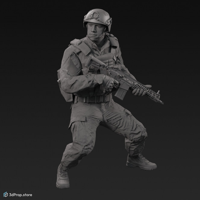 3D model of a standing soldier holding a weapon at the ready with both hands, while wearing military uniform with four camouflage pattern variations, from 2020, USA.