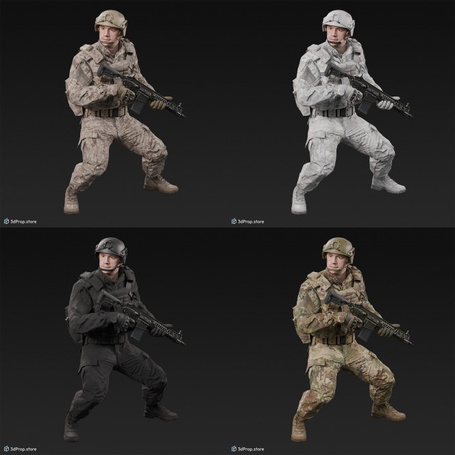 3D model of a standing soldier holding a weapon at the ready with both hands, while wearing military uniform with four camouflage pattern variations, from 2020, USA.