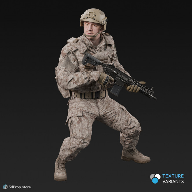 3D model of a standing soldier holding a weapon at the ready with both hands, while wearing military uniform with four camouflage pattern variations, from 2020, USA.