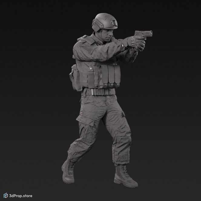 3D model of a standing soldier in an aiming pose, holding a pistol and pointing in front of him with it, while wearing military uniform with four camouflage pattern variations, from 2020, USA.