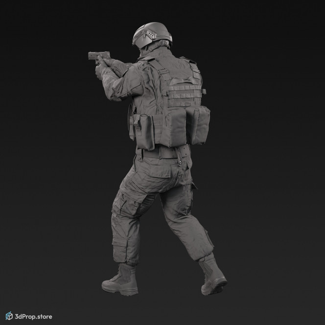 3D model of a standing soldier in an aiming pose, holding a pistol and pointing in front of him with it, while wearing military uniform with four camouflage pattern variations, from 2020, USA.