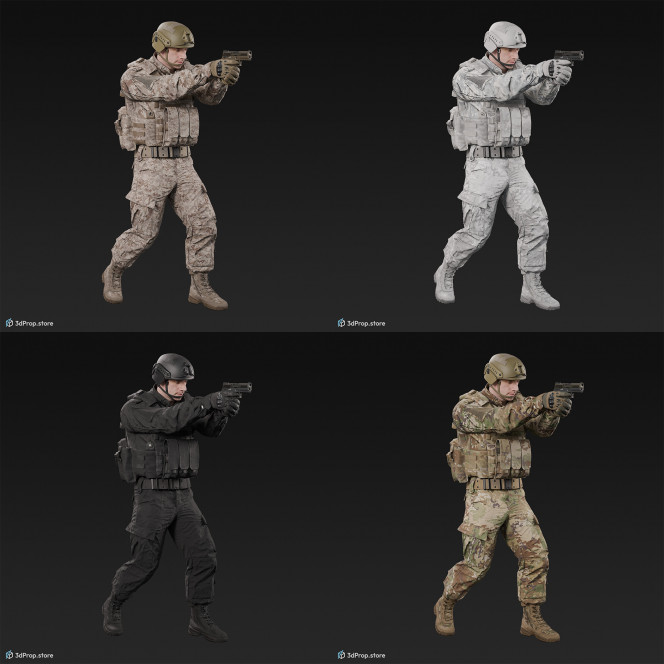 3D model of a standing soldier in an aiming pose, holding a pistol and pointing in front of him with it, while wearing military uniform with four camouflage pattern variations, from 2020, USA.