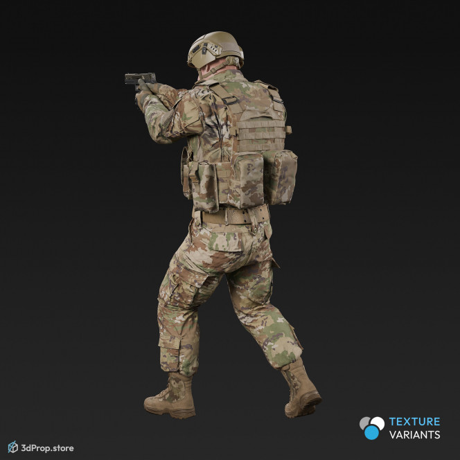 3D model of a standing soldier in an aiming pose, holding a pistol and pointing in front of him with it, while wearing military uniform with four camouflage pattern variations, from 2020, USA.