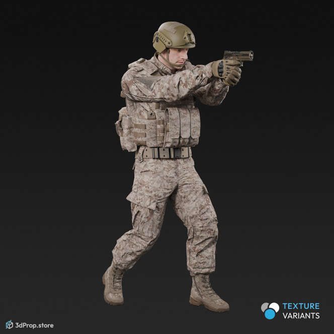 3D model of a standing soldier in an aiming pose, holding a pistol and pointing in front of him with it, while wearing military uniform with four camouflage pattern variations, from 2020, USA.